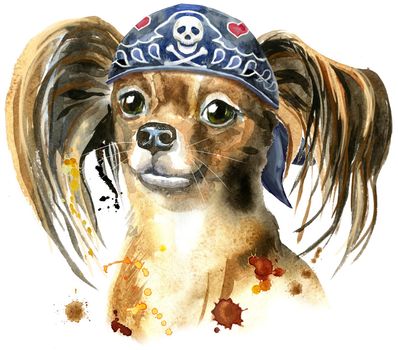 Cute Dog in biker bandana. Dog t-shirt graphics. watercolor toyl terrier illustration
