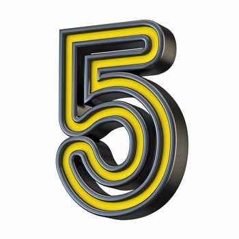 Yellow black outlined font Number 5 FIVE 3D rendering illustration isolated on white background