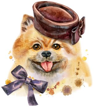 Cute Dog in brown hat. Dog T-shirt graphics. watercolor pomeranian spitz illustration