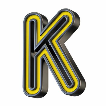 Yellow black outlined font Letter K 3D rendering illustration isolated on white background