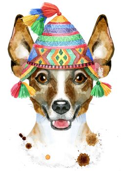 Cute Dog in chullo hat.. Dog T-shirt graphics. watercolor jack russell terrier illustration