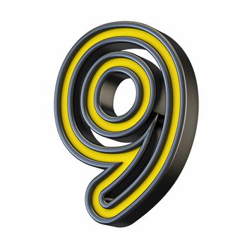 Yellow black outlined font Number 9 NINE 3D rendering illustration isolated on white background