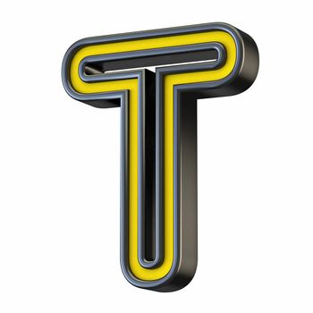 Yellow black outlined font Letter T 3D rendering illustration isolated on white background