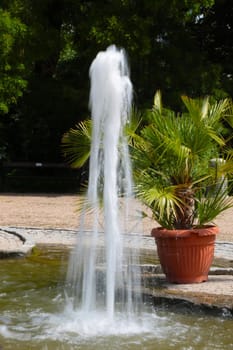 A small fountain in the park among the greenery