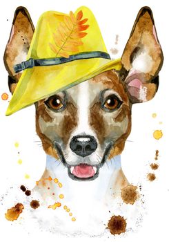 Cute Dog in yellow hat. Dog T-shirt graphics. watercolor jack russell terrier illustration