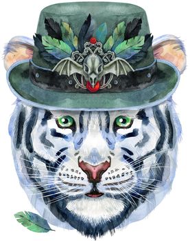Watercolor illustration of white tiger in halloween hat with with raven skull and feathers. Wild animal watercolor illustration on white background