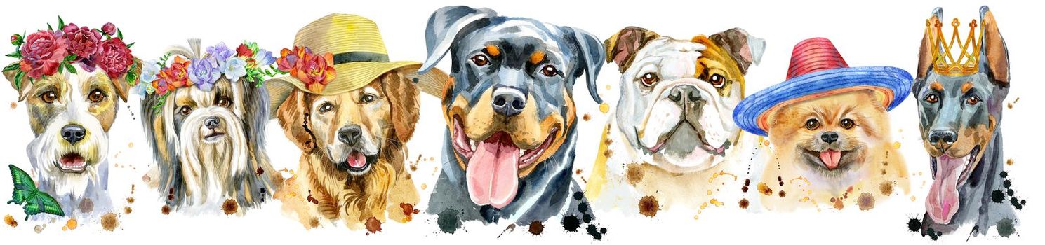 Cute border from watercolor portraits of dogs. For t-shirt graphics. Watercolor dogs illustration