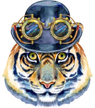 Tiger head in a bowler hat and steampunk goggles isolated on white background.