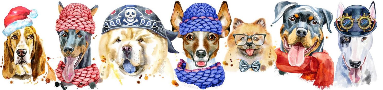 Cute border from watercolor portraits of dogs. For t-shirt graphics. Watercolor dogs illustration