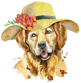 Cute Dog. Dog T-shirt graphics. watercolor golden retriever with a wide-brimmed summer hat illustration