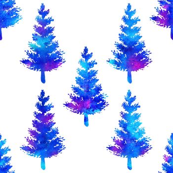 XMAS watercolour Fir Tree Seamless Pattern in Blue Color on white background. Hand-Painted Watercolor Spruce Pine tree wallpaper for Ornament, Wrapping or Christmas Decoration.