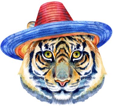 Tiger head horoscope character in sombrero hat isolated on white background.