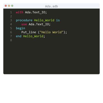 Ada language Hello World program sample in editor window illustration