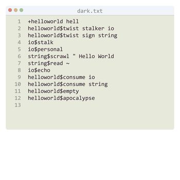 dark language Hello World program sample in editor window illustration