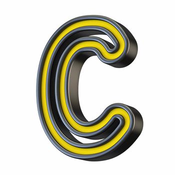 Yellow black outlined font Letter C 3D rendering illustration isolated on white background