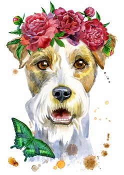 Cute Dog. Dog T-shirt graphics. watercolor airedale terrier illustration with flowers