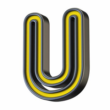 Yellow black outlined font Letter U 3D rendering illustration isolated on white background