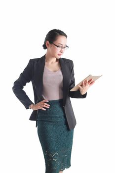 Business woman holding tablet computer isolated on white background.