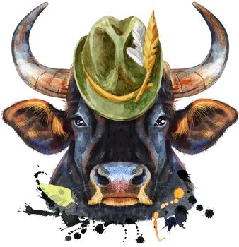 Bull in green hat. Watercolor graphics. Bull animal illustration with splashes.