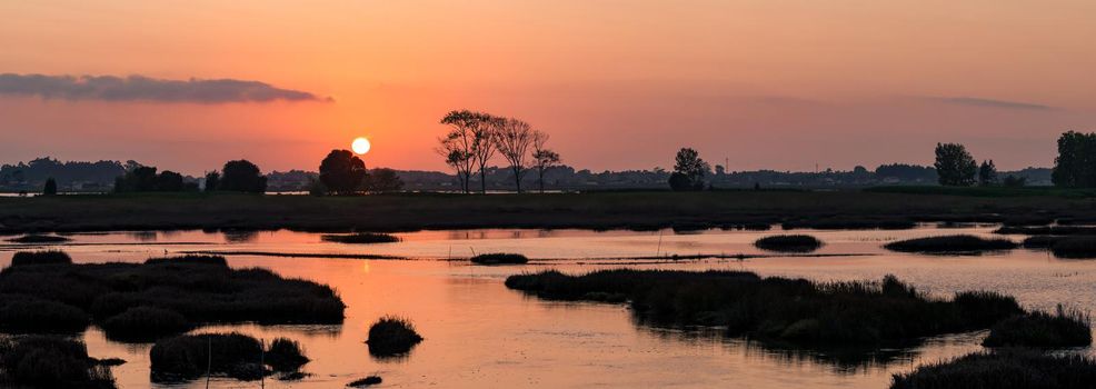 Warm calm sunset over swamps in Ovar, Portugal.