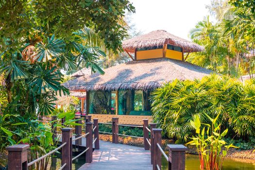 wooden bungalows in the tropical jungle, rest and relaxation in Asia