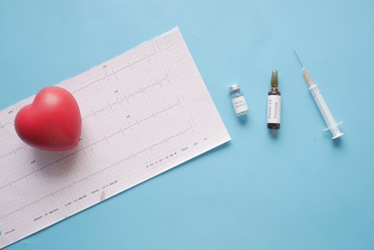 coronavirus vaccine, syringe and Ecg diagram on blue background.