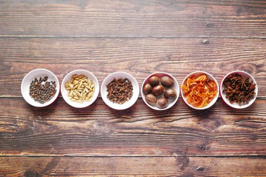 Spices collection in a container on table