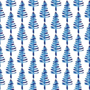 XMAS watercolor Fir Tree Seamless Pattern in Blue Color. Hand Painted Spruce Pine tree background or wallpaper for Ornament, Wrapping or Christmas Decoration.