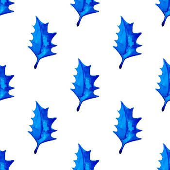 XMAS watercolor Poinsettia Seamless Pattern in Blue Color. Hand Painted fir tree background or wallpaper for Ornament, Wrapping or Christmas Gift.