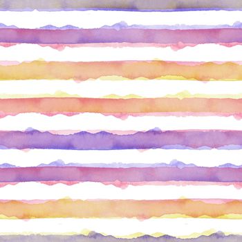 Watercolor Abstract Yellow Pink Blue Stripes Background. Cool Seamless Pattern for Fabric Textile and Paper. Simple Hand Painted Stripe.