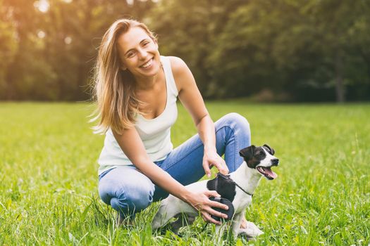 Beautiful woman combing her dog Jack Russell Terrier in the nature.Image is intentionally toned.