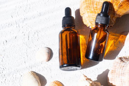 Cosmetic oil and shells . A container for cosmetic oil. Cosmetology. Skin care. Seashell. Article about the choice of facial oil