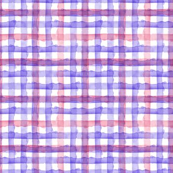 Watercolor Pink Violet Check Seamless Pattern. Simple Plaid Fabric Background. Hand Painted Simple Design with Stripes