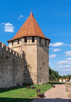 Bender, Moldova 06.09.2021.  Fortress walls and towers of the Tighina Fortress in Bender, Transnistria or Moldova, on a sunny summer day