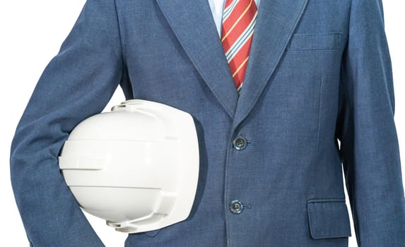 Cloes up man standing in blue suit holding white hardhat isolated on white background