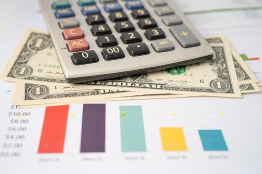 Calculator on chart and graph spreadsheet paper. Finance development, Banking Account, Statistics, Investment Analytic research data economy, Stock exchange trading, Business company concept.