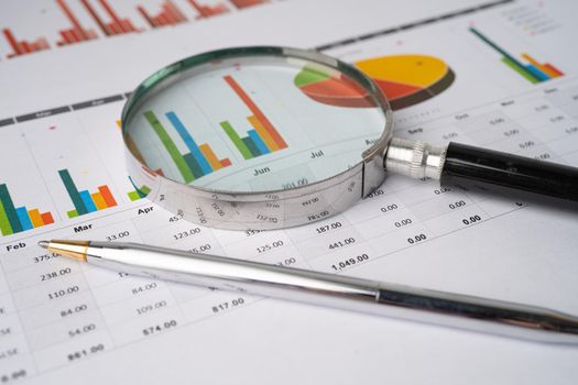 Magnifying glass on charts graphs paper. Financial development, Banking Account, Statistics, Investment Analytic research data economy, Stock exchange trading, Business office company meeting concept.