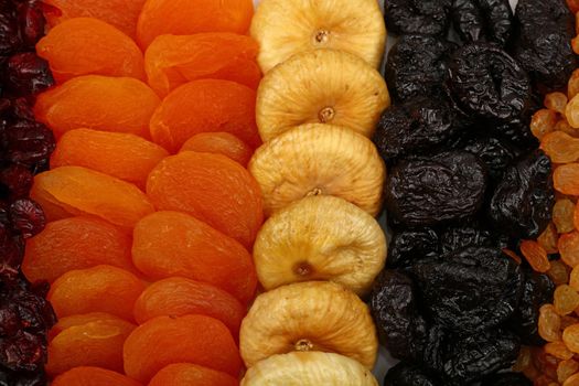 Close up background pattern of assorted sundried fruits, raisins, plums, apricots, figs, high angle view