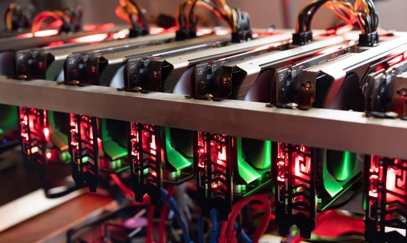 Bitcoin mining farm.  Rig for cryptocurrency miner
