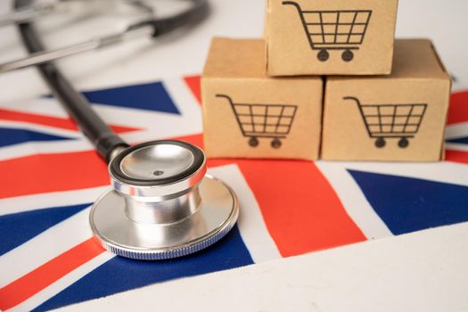 Shopping cart logo with United Kingdom flag, Shopping online Import Export eCommerce finance business concept.