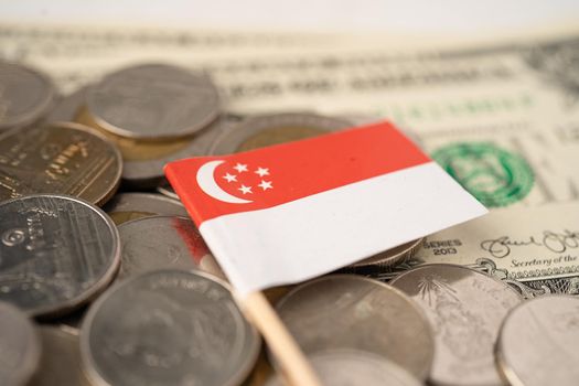 Stack of coins with Singapore flag on white background.