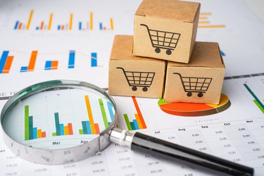 Shopping cart logo on box with magnifying glass on graph background. Banking Account, Investment Analytic research data economy, trading, Business import export transportation online company concept.