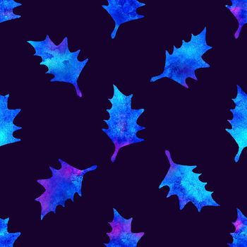 XMAS watercolor Poinsettia Seamless Pattern in Blue Color. Hand Painted fir tree background or wallpaper for Ornament, Wrapping or Christmas Gift.