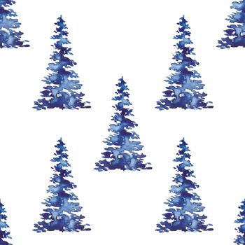 XMAS watercolor Fir Tree Seamless Pattern in Blue Color. Hand Painted Spruce Pine tree background or wallpaper for Ornament, Wrapping or Christmas Decoration.