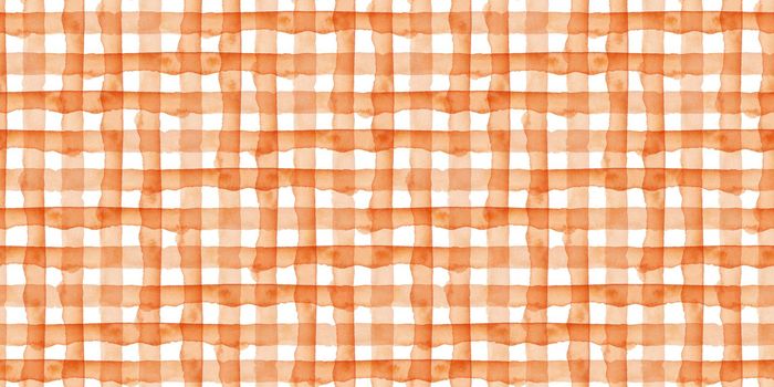 Orange Plaid Abstract Watercolor Geometric Background. Seamless Pattern with Stripes and Check. Handmade Texture for Fabric Design and Paper Wallpaper
