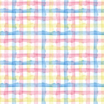 Plaid Watercolor Abstract Yellow Pink Blue Stripes Background. Cool Seamless Check Pattern for Fabric Textile and Paper. Simple Hand Painted Stripe.