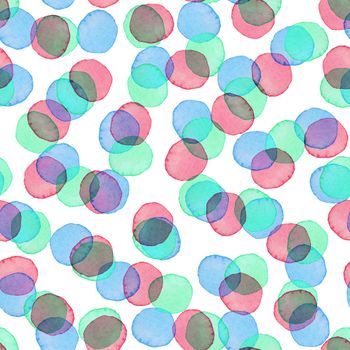 Hand Painted Brush Polka Dot Girly Seamless Watercolor Pattern. Abstract watercolour Round Circles in Purple Blue Color. Artistic Design for Fabric and Background.