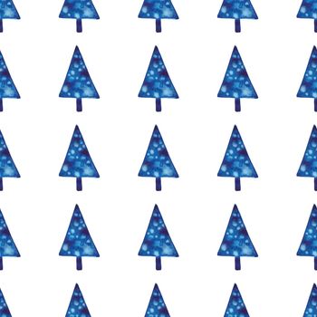 XMAS watercolor Pine Tree Seamless Pattern in Blue Color. Hand Painted fir tree background or wallpaper for Ornament, Wrapping or Christmas Gift.