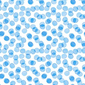 Hand Painted Brush Polka Dot Seamless Watercolor Pattern. Abstract watercolour Round Circles in Blue Color. Artistic Design for Fabric and Background.