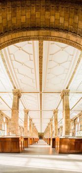 London, UK - January 27, 2017: A tall vertical panorama inside the London Natural History Museum.